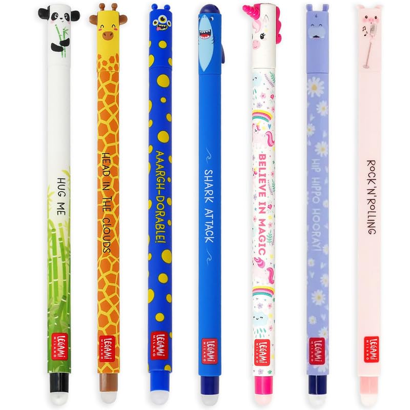 Legami - Set of 7 Erasable Gel Pens with Thermosensitive Erase Ink, Range of ink colours & barrel