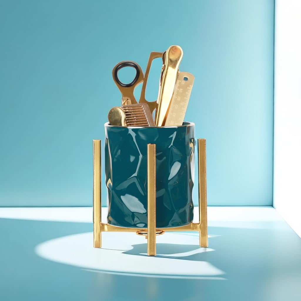 SIEBOLD Gold pencil cup Sturdy metal frame with white ceramic pen holder For desks and kitchen