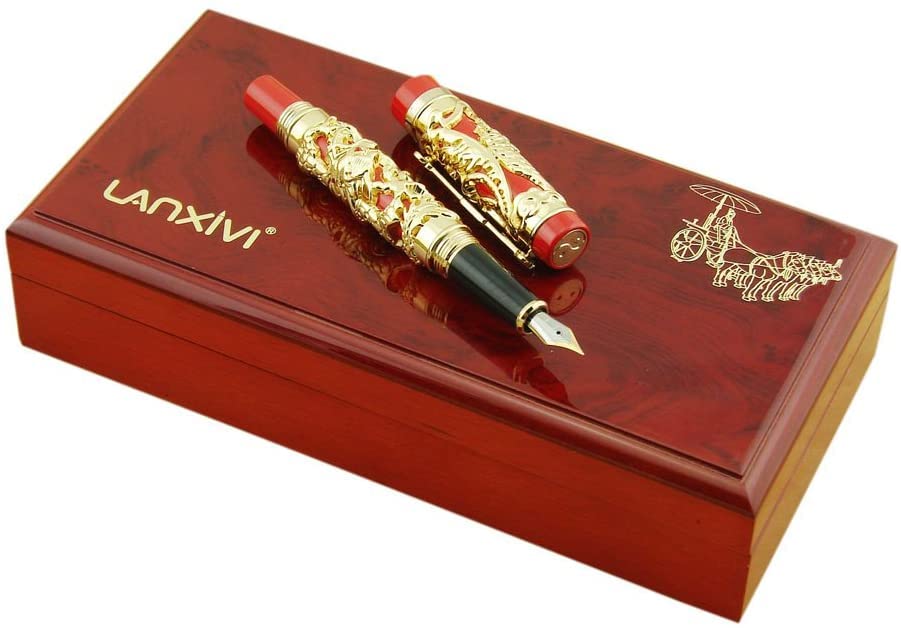 Jinhao Dragon Phoenix 3d Embossment Golden Red Fountain Pen Bent Nib Chinese Ruyi Clip Wooden Box