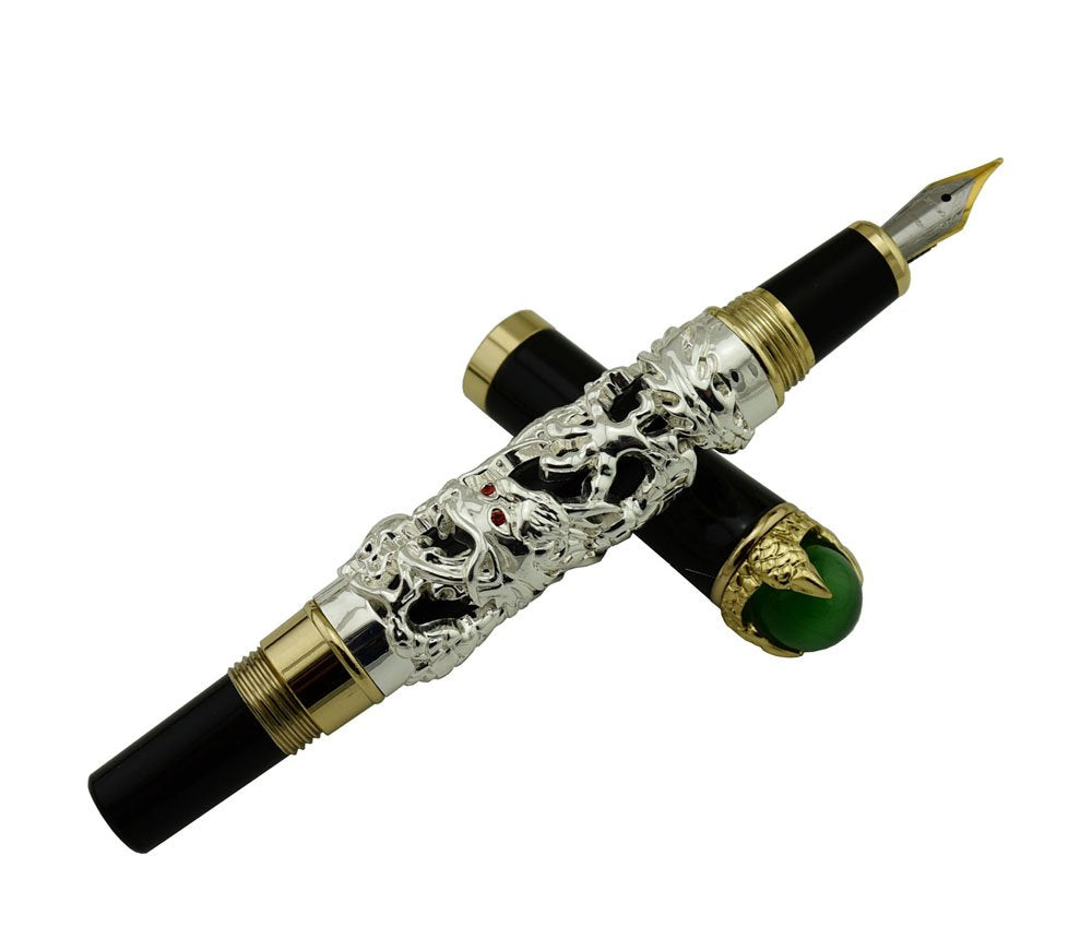 Jinhao Ancient Silver Dragon Fountain Pen Extra Fine Nib Playing Pearl Green Jewelry with pen pouch