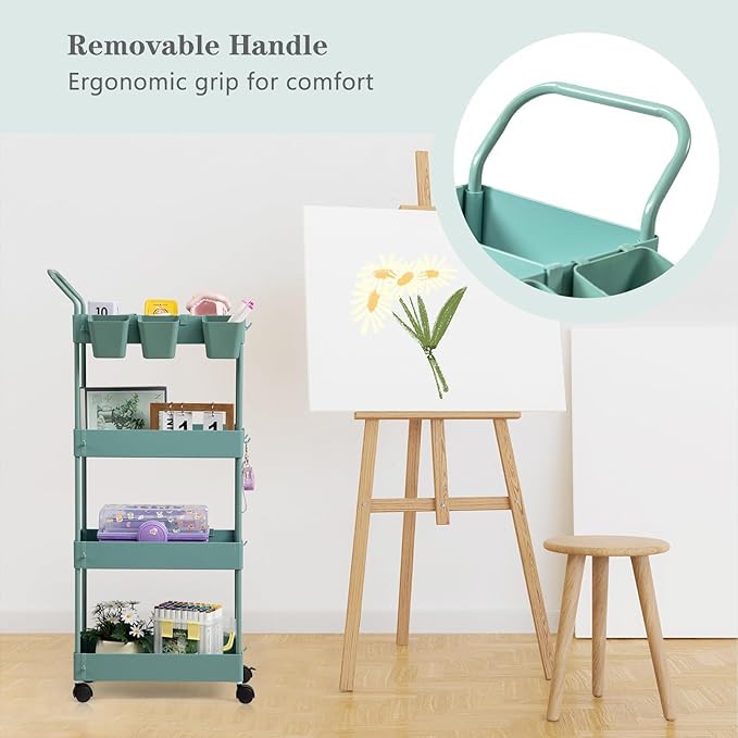 danpinera Slim Storage Cart on Wheels, 4 Tier Narrow Laundry Cart with Hooks Hanging Cups Dividers