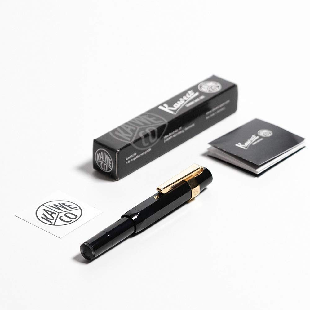 Kaweco Sport Classic Fountain Pen Black, Fine Nib Sport Octagonal Clip Gold.
