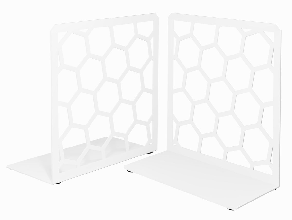 White Geometric Honeycomb Metal Bookends - Book Ends for Shelves - Decorative Modern Heavy Duty