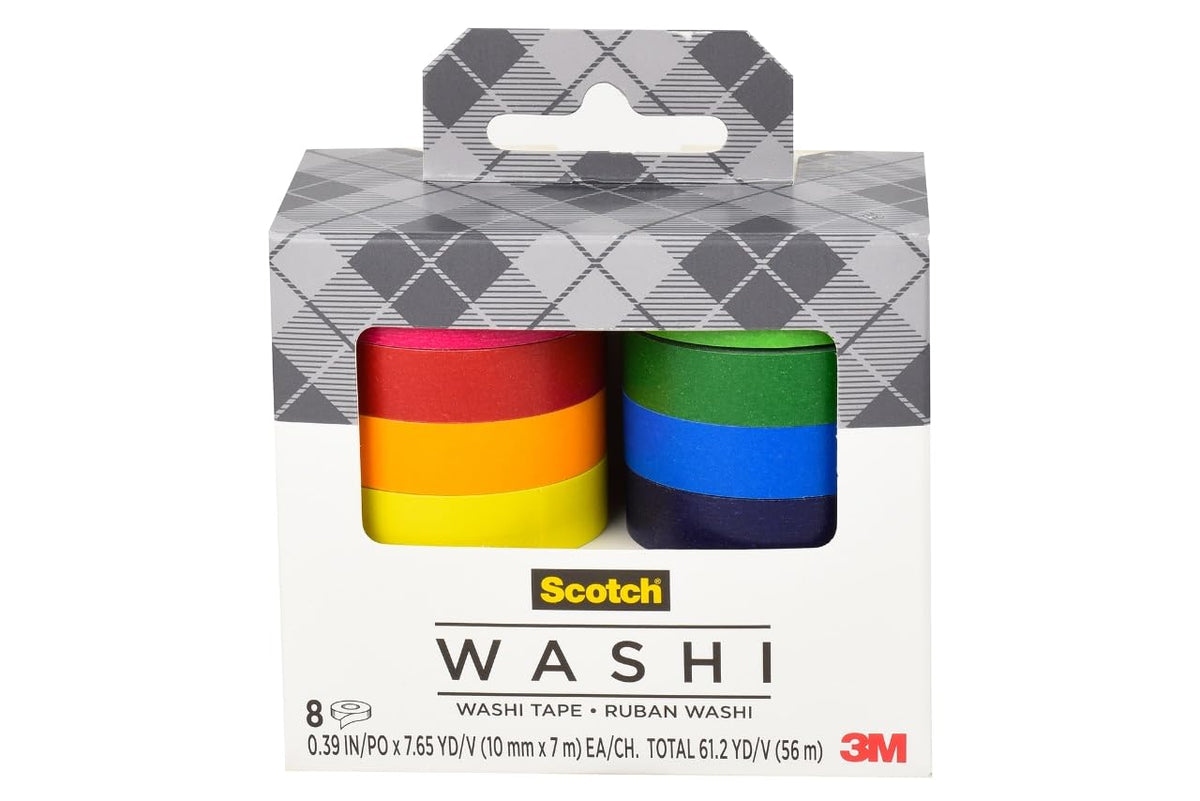 Scotch Washi Tape, Solid Color Rainbow Design, 8 Rolls