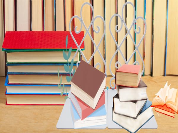 White Metal Bookends, Heavy Duty Book Stoppers for Shelves, Vintage Decorative Book Holders for