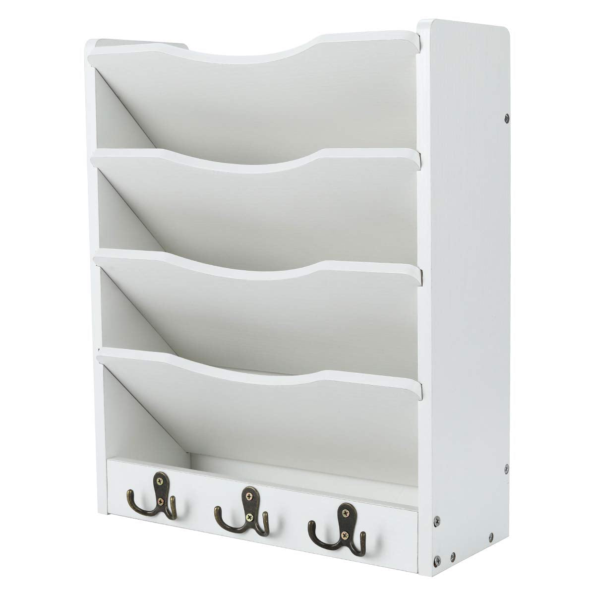 PAG-Mass 5-Tier Wall File Holder Hanging Mail Organizer Wood Magazine Literature Rack with 6 Hooks