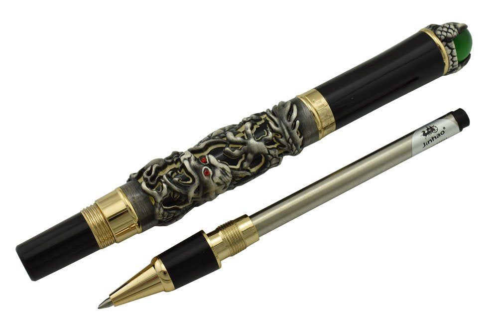 Jinhao Gray Dragon Playing Pearl Roller Ball Pen with Jewelry on Top with Pen Pouch for Journal