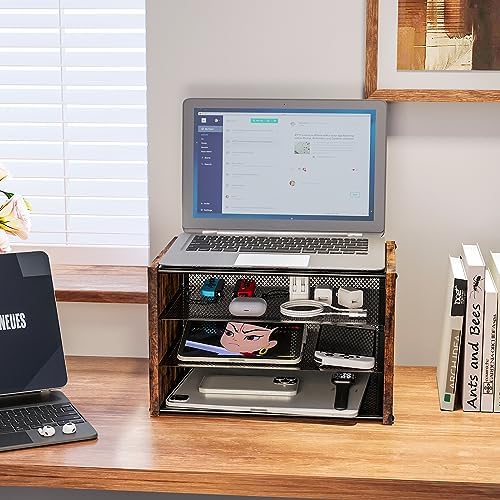 DAOUTIME 3-Tier Paper Letter Tray, Wooden Desk File Organizer, Stackable Metal Mesh Desk Organizer