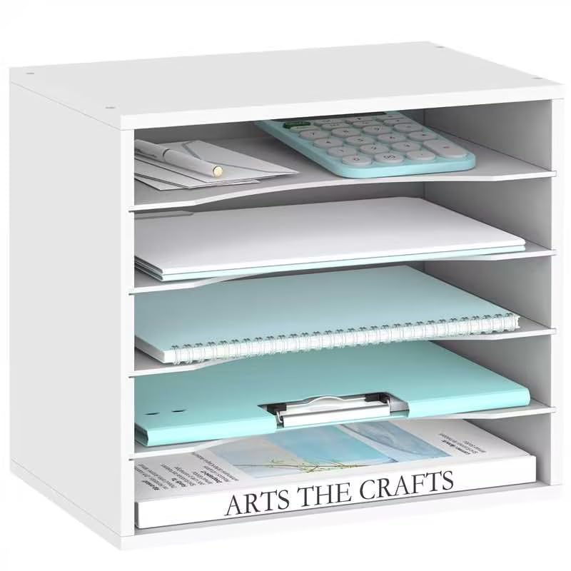 5 Tier Wood Desk Organizer, Mail Sorter and Paper Organizer for Desk, White