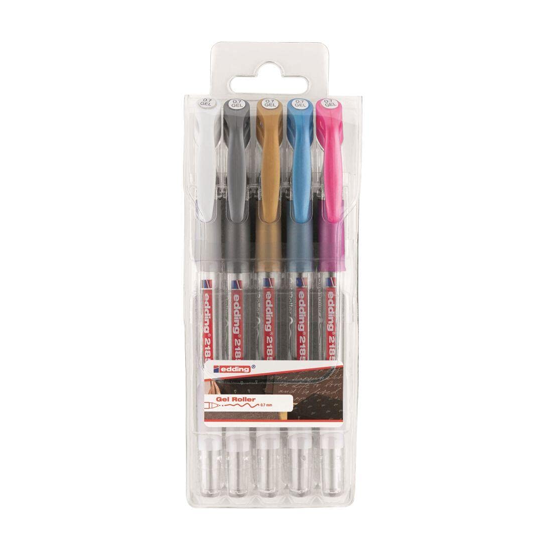 edding 2185 gelroller - goud, zilver, wit, blauw-metallic, pink-metallic - set van 5 - 0,7 mm