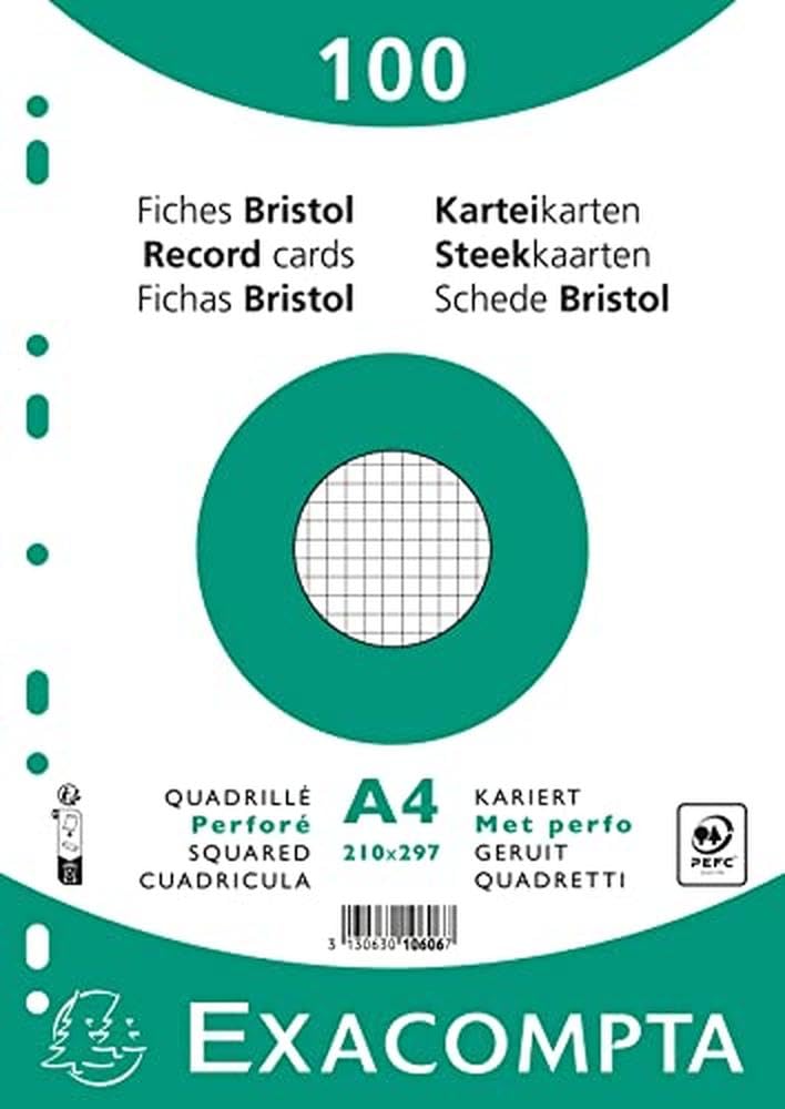 Exacompta - Ref 10606E - Bristol Squared & Punched White Record Cards (Pack of 100) - A4 in Size