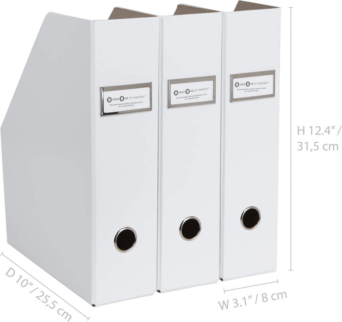 Bigso Fiona 3 Piece Fiberboard Upright Magazine Storage Boxes for Papers with Metal Label Holder