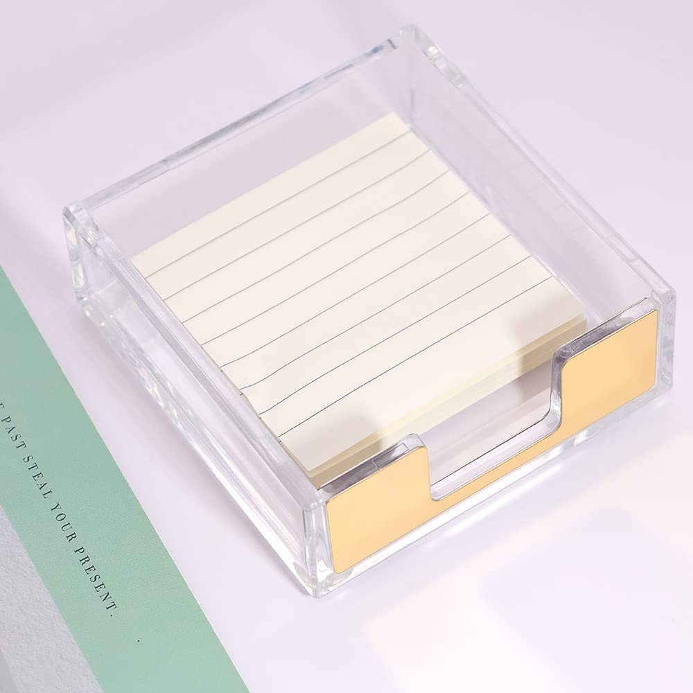 Clear Acrylic Body Bright Yellow Gold Tone Sticky Memo Pad Holder N Pen Holder Set for Office