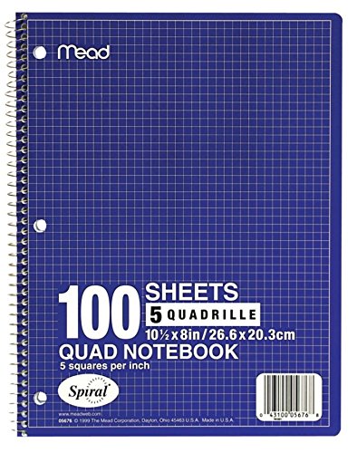 Mead Spiral Notebook, 1-Subject, Graph Ruled Paper, 7-1/2" x 10-1/2", 100 Sheets, Color Will Vary