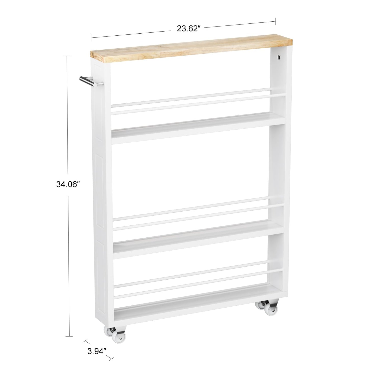 KLM 4 Tier White Slim Storage Cart with Handle, Slide Out Storage Rolling Utility Cart for Kitchen