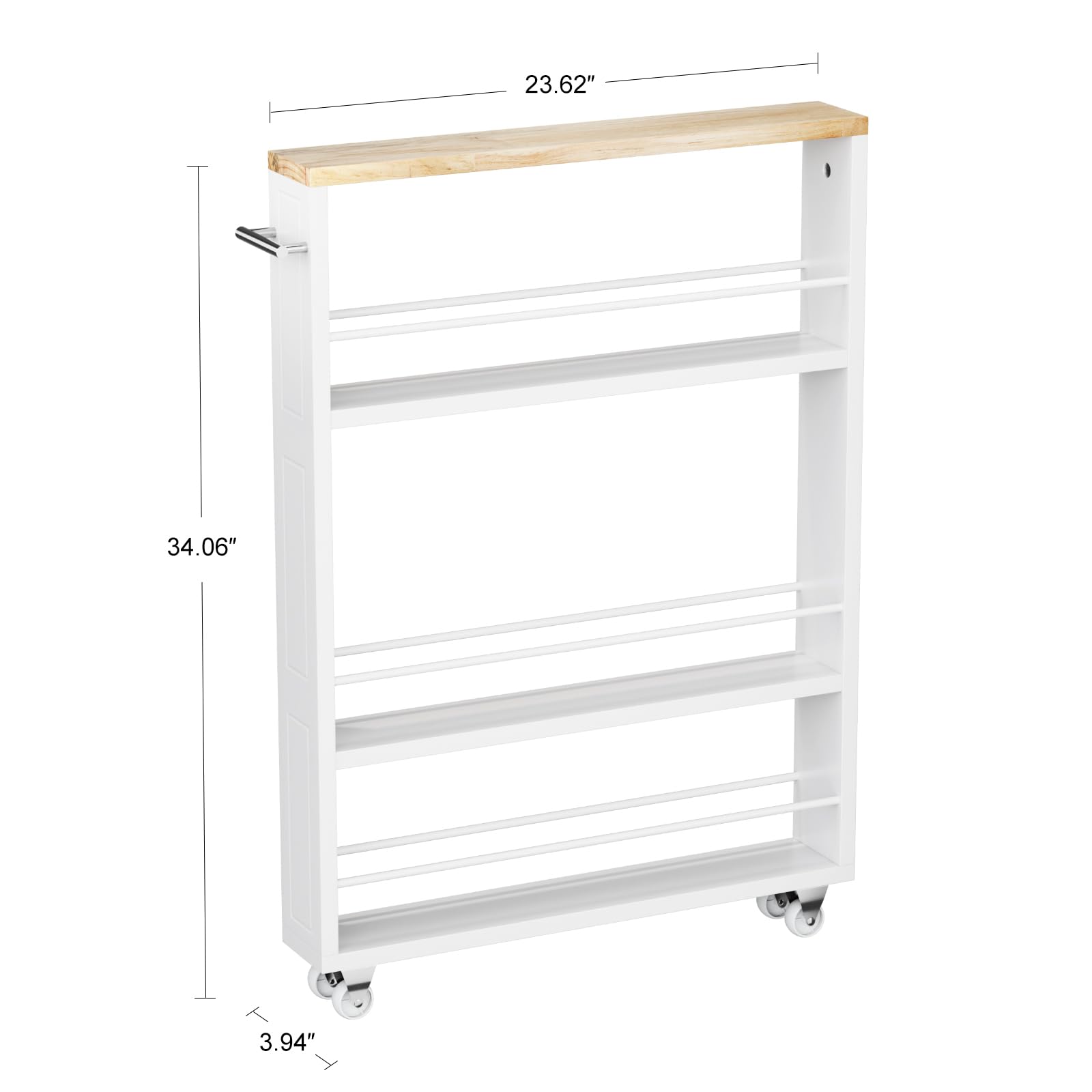 KLM 4 Tier White Slim Storage Cart with Handle, Slide Out Storage Rolling Utility Cart for Kitchen