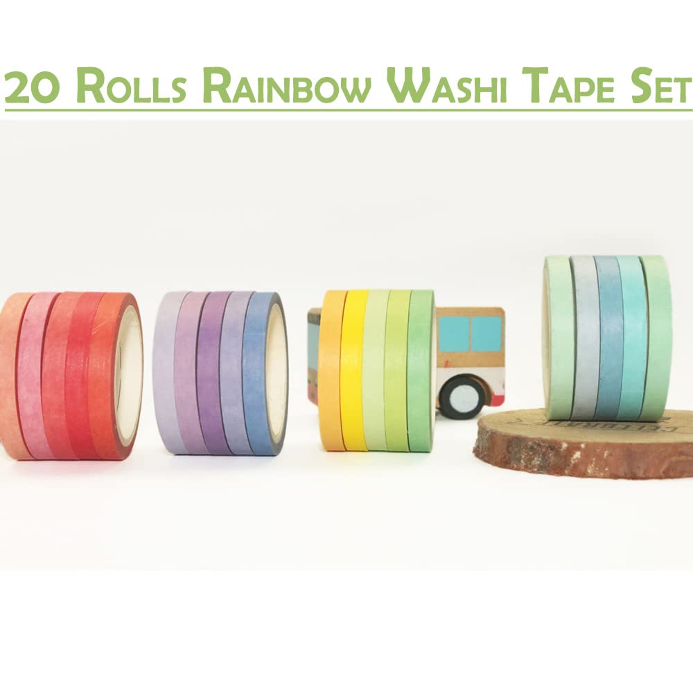 Maartla 20 Rolls Washi Tape Set, Rainbow Washi Tape Colorful Masking Tape 7.5mm Wide, Thin