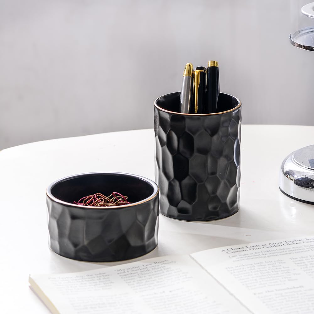 Aesthetic Desk Organizer Set of 2 For Office, Ceramic Pen Holder and Paper Clip Holder Dispenser