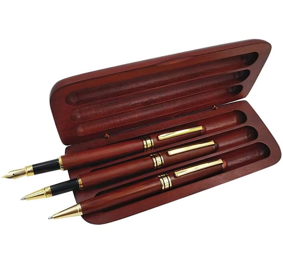3 Pcs Wooden Pens Set with Gift Case/Best Writing Fountain Fancy Ballpoint Pen and Luxury Gel Pen