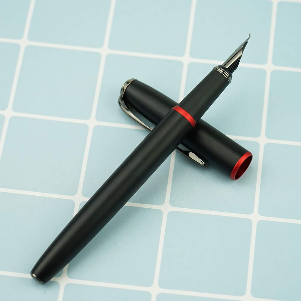 erofa Picasso 916 Matte Black & Red Ring Fountain Pen with Box - Titanium Gray Bent Nib