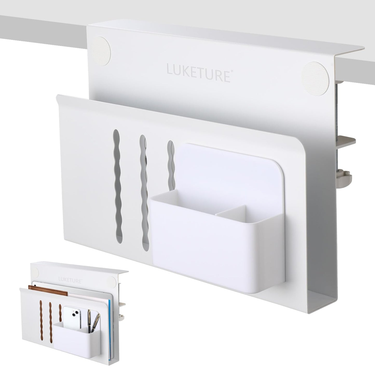 LUKETURE Desk Side Storage, Laptop Holder No Drill Clamp On Organizer