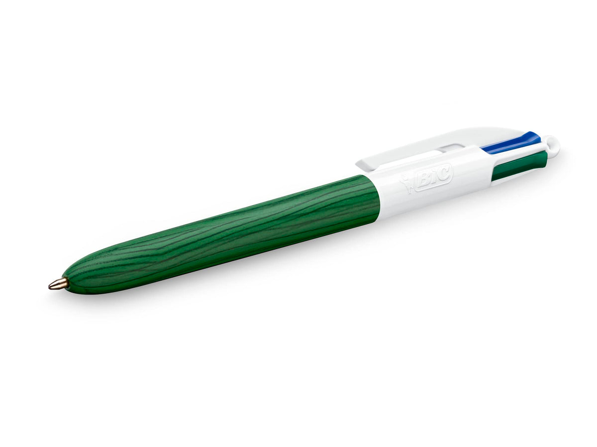 Bic 4 Colours Wood Effect Pens, Multi Coloured Pens All In One, Retractable Pens, Medium 1.0mm