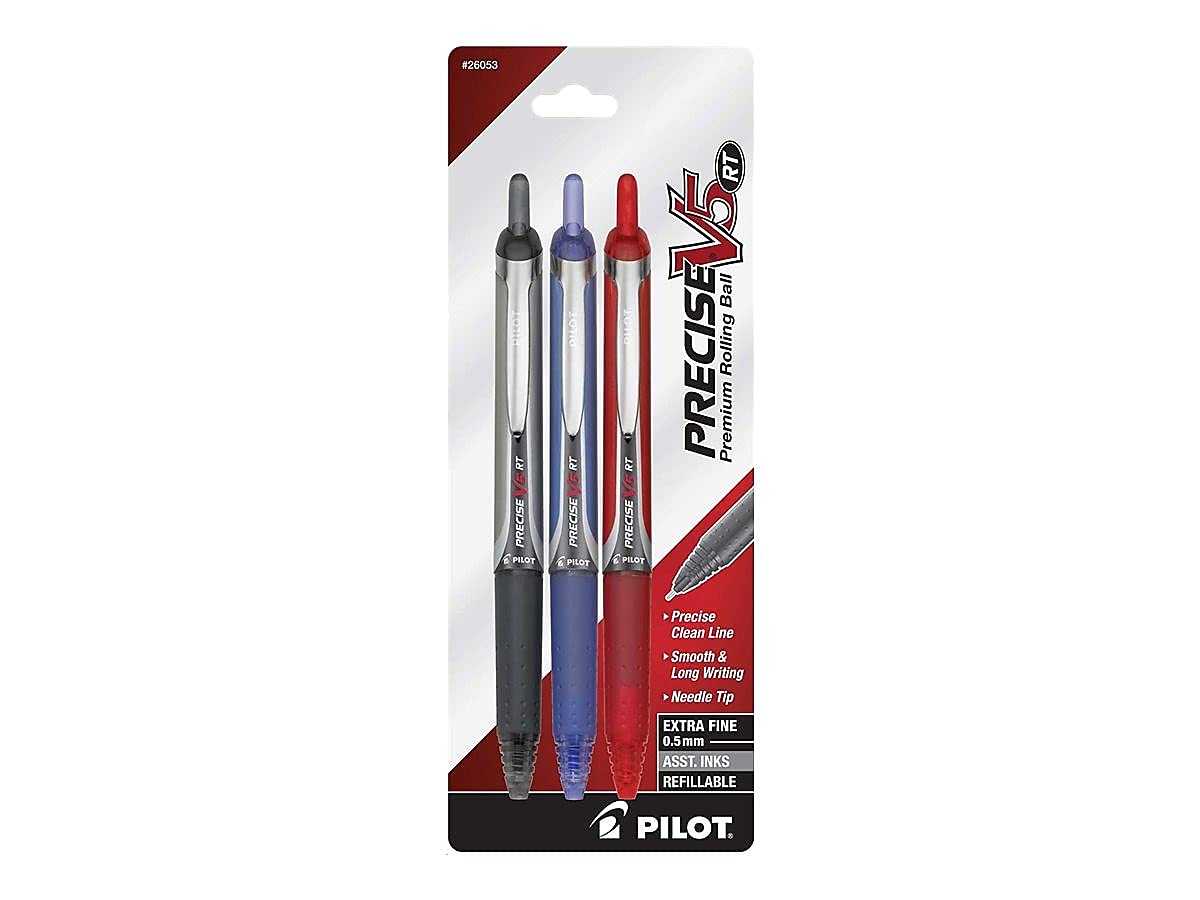 PILOT Precise V5 RT, Extra Fine Point (0.5mm) Black/Blue/Red Inks, 3-Pack