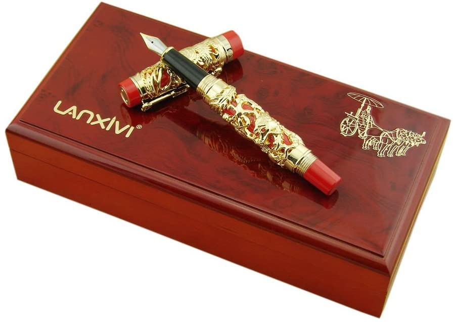 Jinhao Dragon Phoenix 3d Embossment Golden Red Fountain Pen Bent Nib Chinese Ruyi Clip Wooden Box