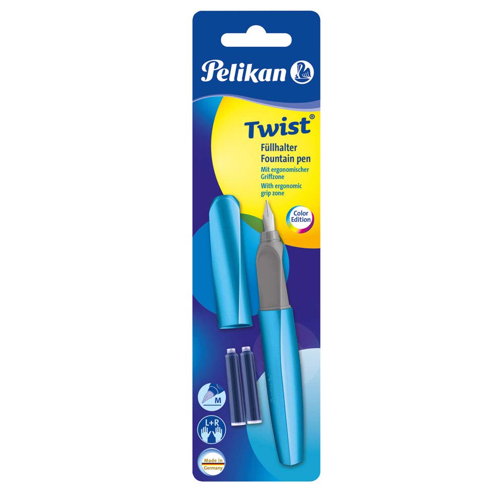 Pelikan Twist Fountain Pen with 2 Ink Cartridges, Medium Nib, Frost Blue, Blister Card (811262)