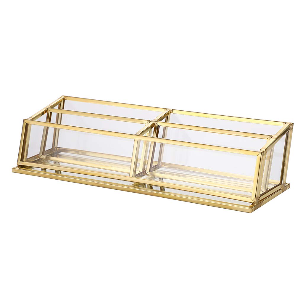 Hipiwe 4 Slots Vintage Business Card Holder Stand, Clear Glass & Gold Metal