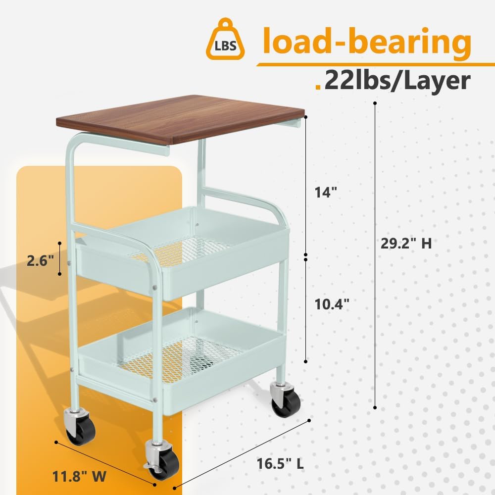 HIDODO Rolling Cart with Wooden Tabletop, 3 Tier Metal Utility Cart, Rolling Storage Organizer Cart