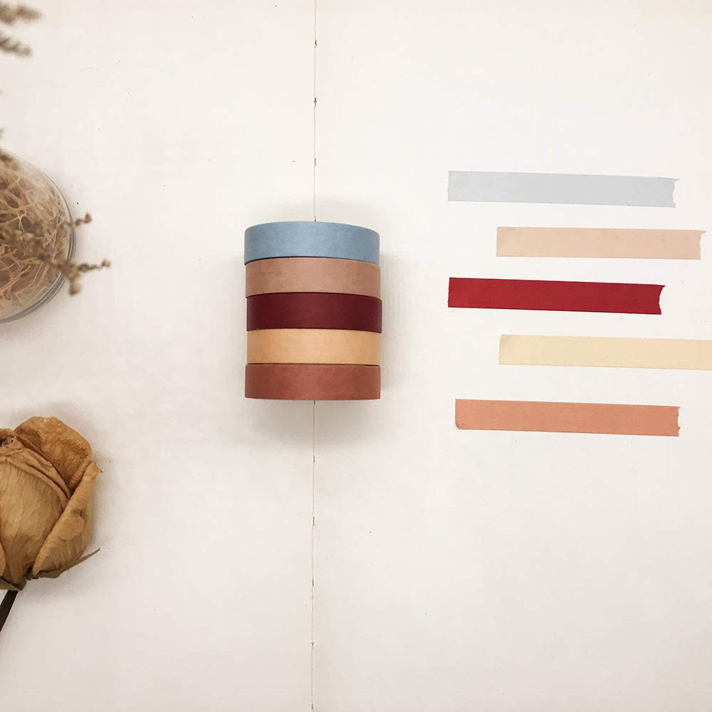 EnYan Solid Color Washi Tapes Set, 5 Rolls Basic Collection Decoration 10mm Wide Japanese Masking