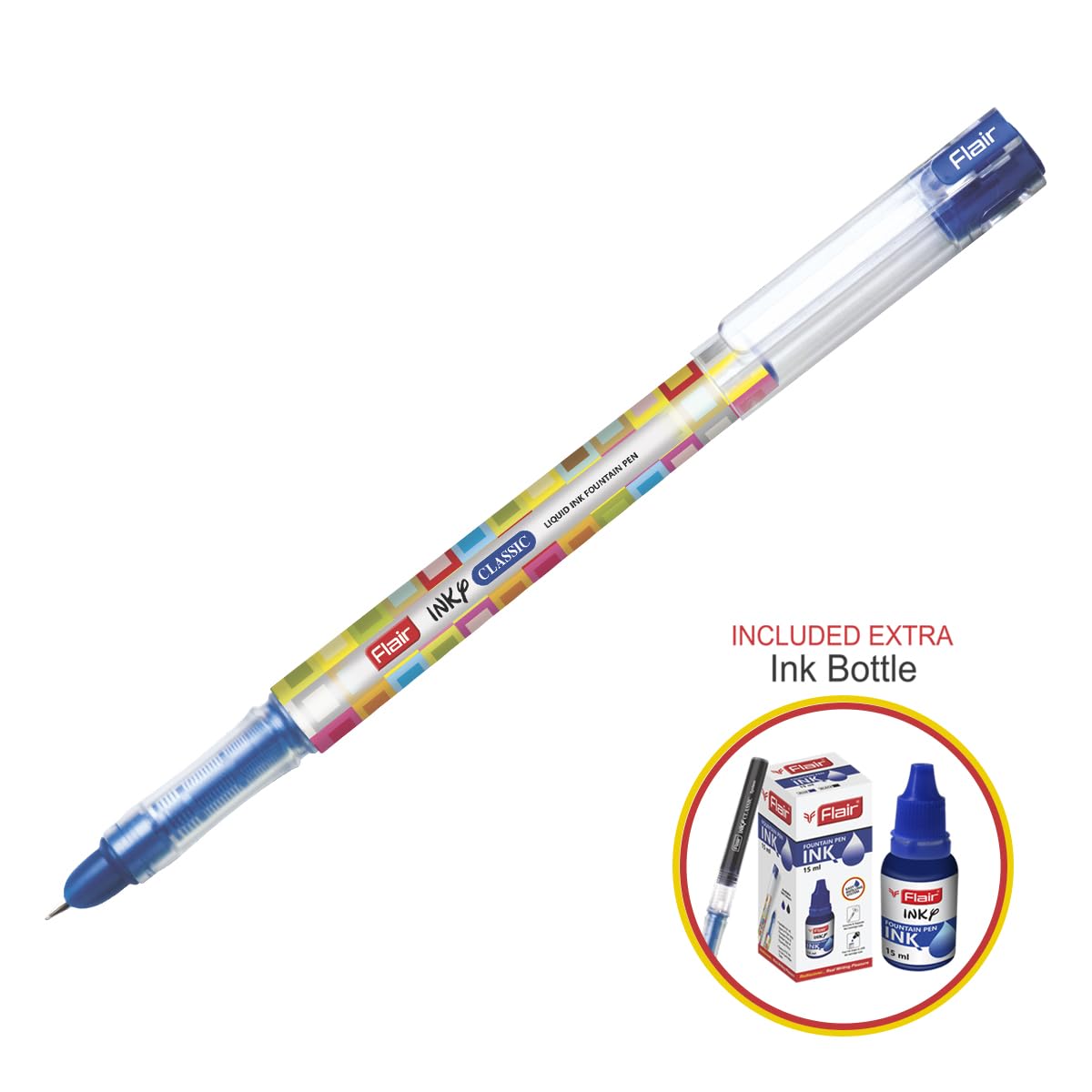 FLAIR Inky Series Classic Liquid Ink Fountain Pen Blister Pack | Easy Refilling With Jumbo Tube For