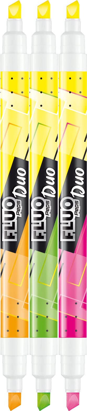 Maped - 3 Highlighters Fluorescent Peps Duo - 2-in-1 Fluorescent Pens with Double Tip - Comfortable