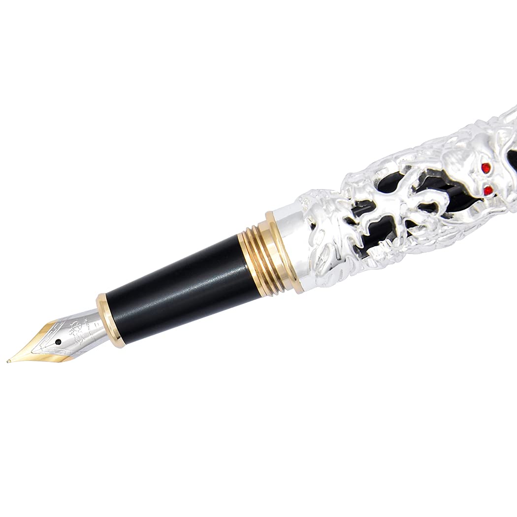 Dragon Pen Jinhao Fountain Pen Fine Nib Heavy Pen with Converter and Box Set, Silver