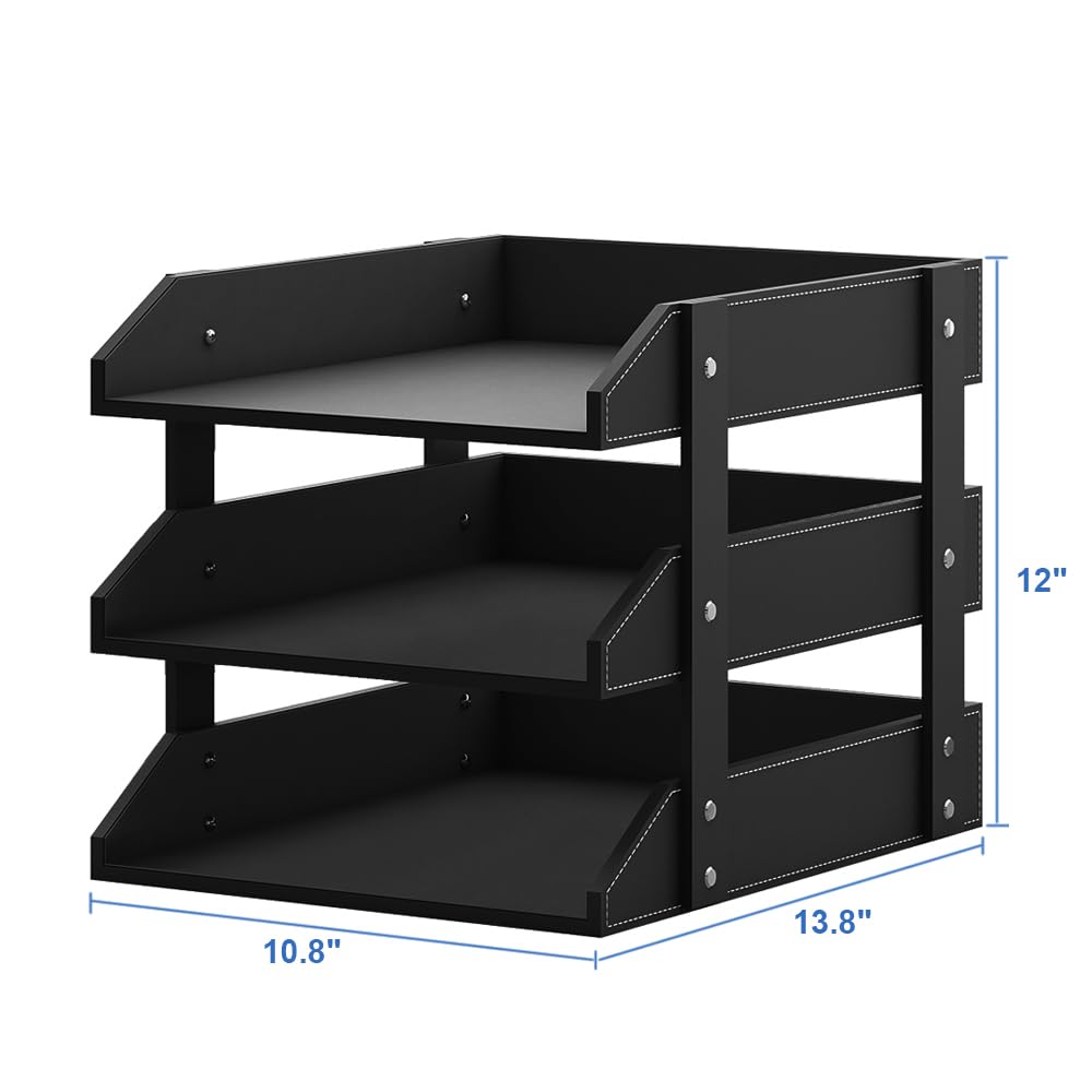 Leather Desk Organizer, Thipoten 3-Tier Stackable Letter Tray Holder for Office Supplies, Paper
