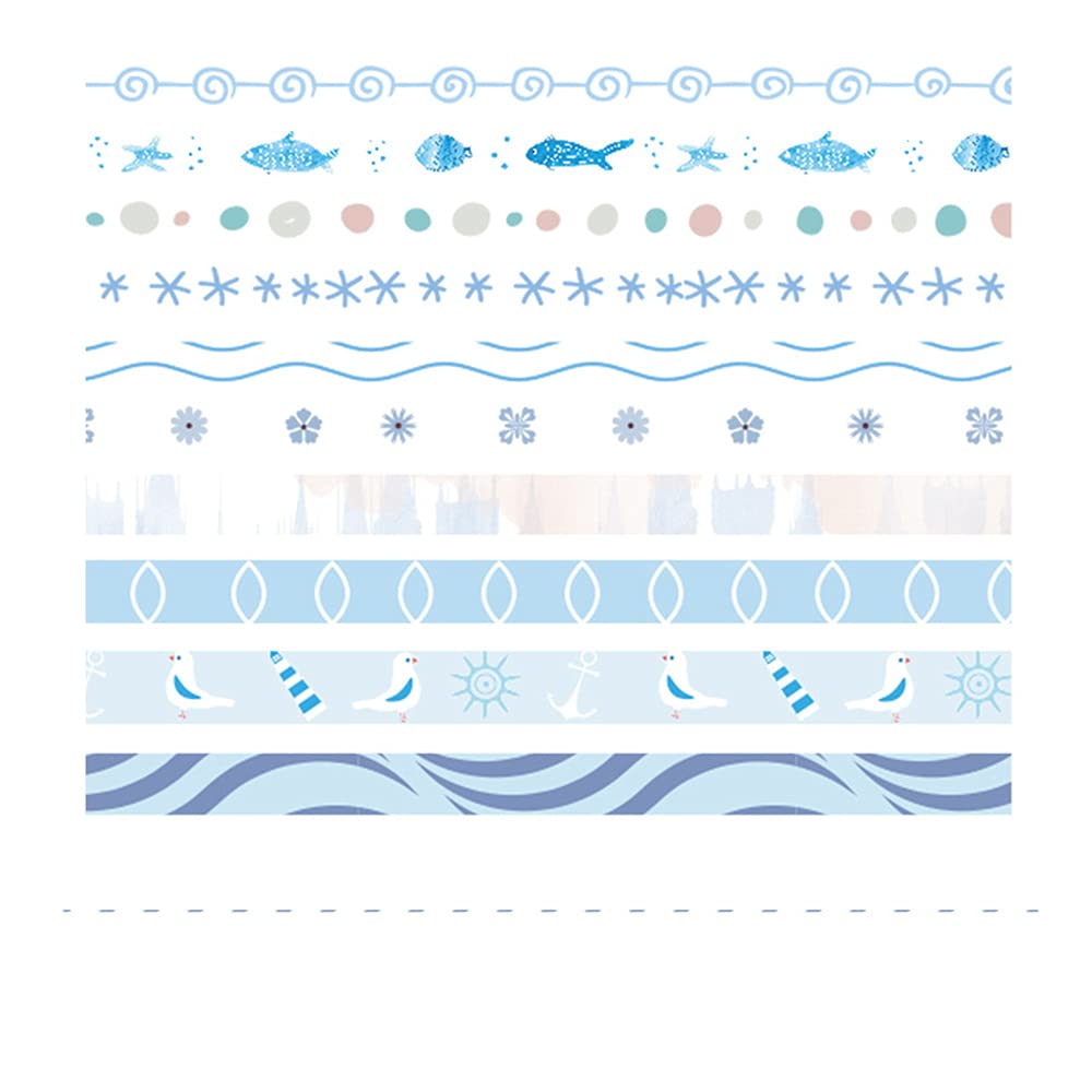 ZMLSED Vintage Pattern 5mm Wide Skinny Washi Tapes Set, 10 Rolls Blue Japanese Masking Decorative