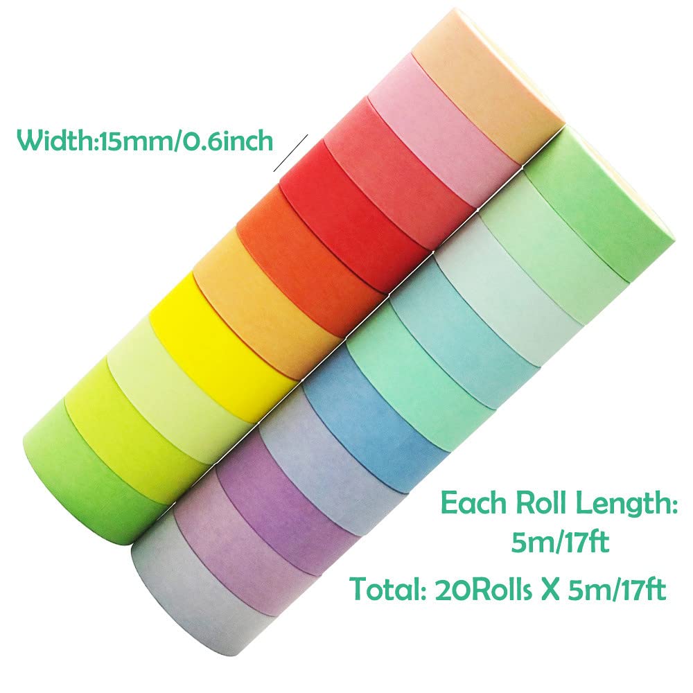 Maartla 20 Rolls Washi Tape Set, Rainbow Washi Tape Colorful Masking Tape 15mm Wide, Decorative