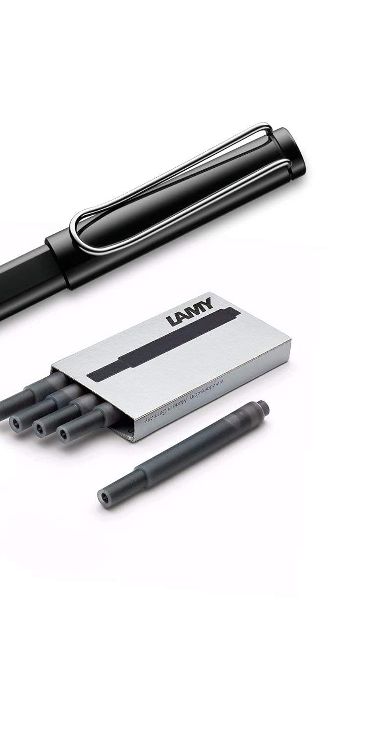LAMY Safari Fountain Pen (19M) Black & 5 Black Ink Cartridges (LT10BK, L19BKM)