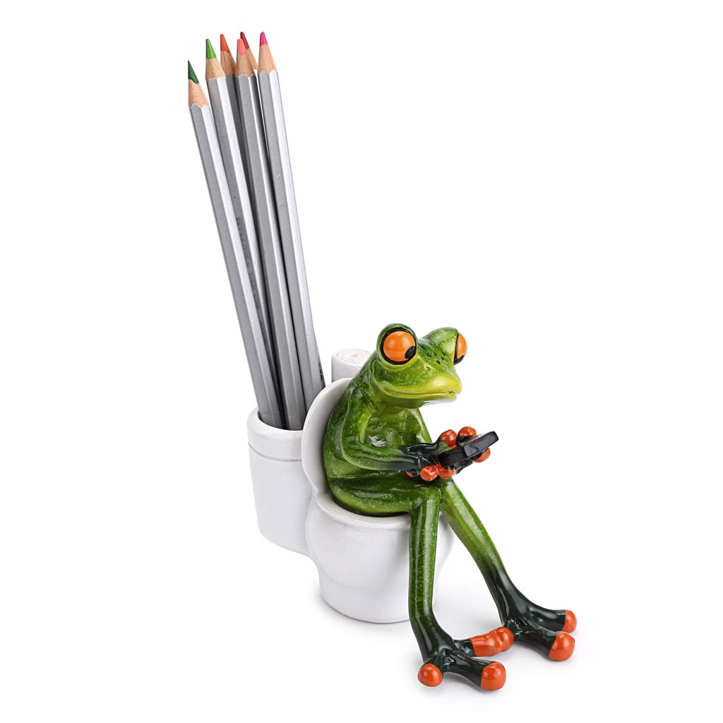JUXYES Texting On Toilet Frog Figurines Collectibles for Home Office Decor