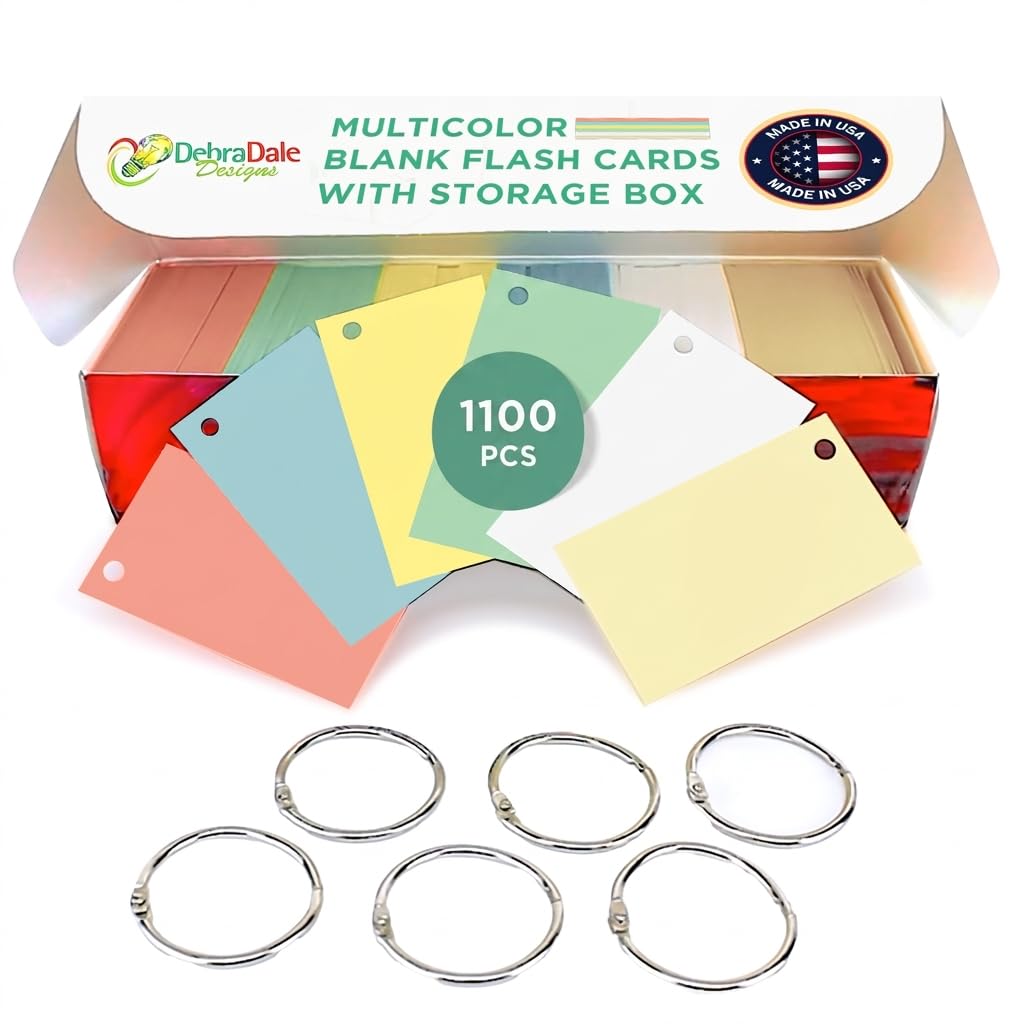Blank Flash Cards with Rings & Box 1100 White + Pastel 2x3.5 USA Made