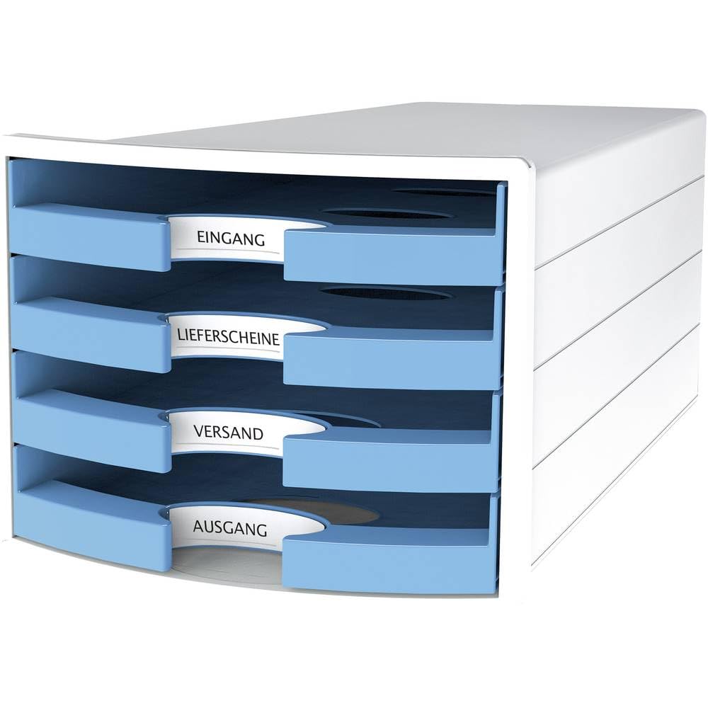 Han Impuls Drawer Box DIN A4/C4 4 Open Drawers White/Trend Colour Light Blue