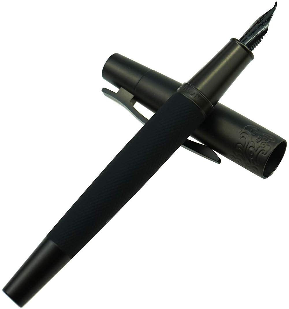 Pure Black Fountain Pen, PVD Coated Black Bent Nib Solid Metal Fude Pen, Metal Box Set by Hongdian