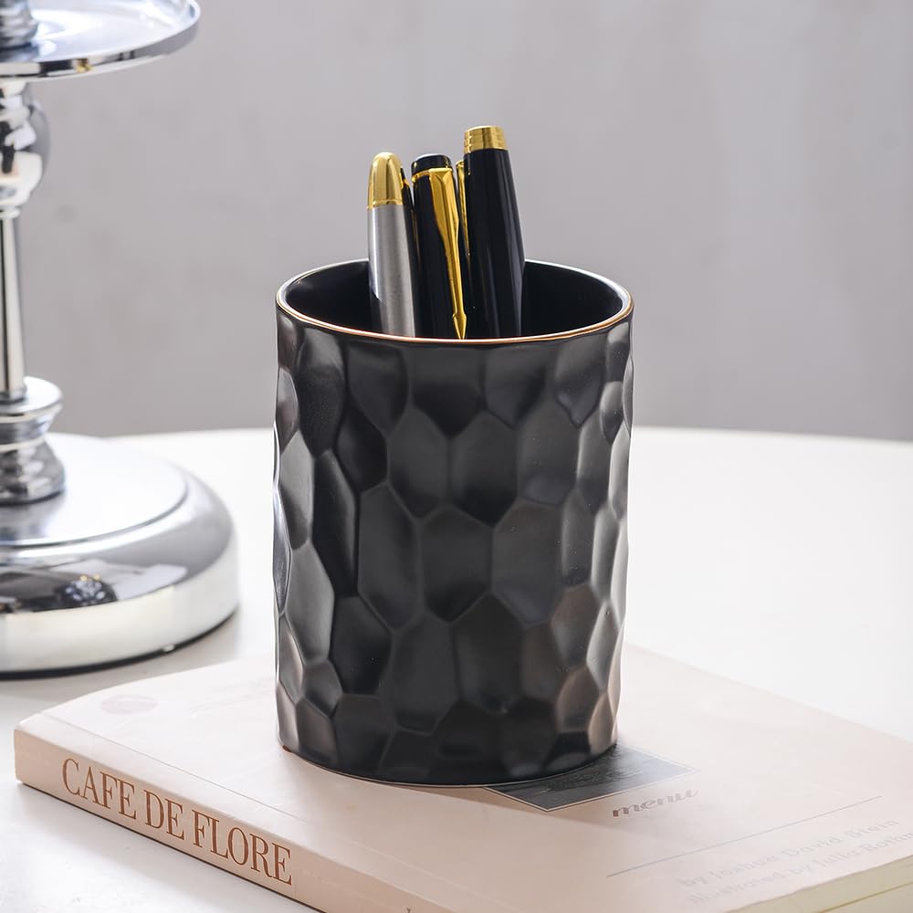 Aesthetic Desk Organizer Set of 2 For Office, Ceramic Pen Holder and Paper Clip Holder Dispenser
