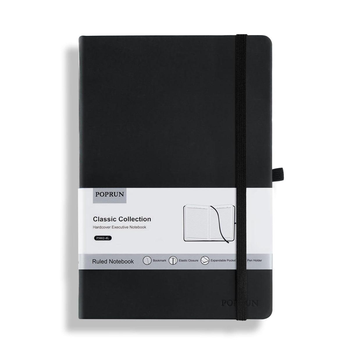 POPRUN A5 Notebook Lined, Hardcover Journal, 240 Pages, 5.5" x 8.3", Black