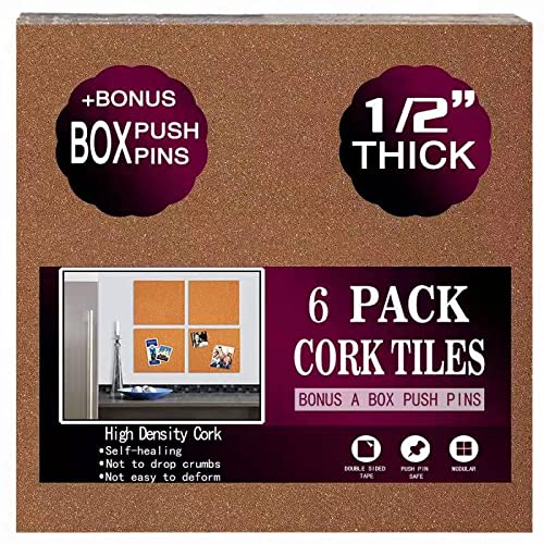Cork Board Tiles 12"x12" - 1/2" Thick - 6 Pack Cork Tiles - Bulletin Board - Mini Wall (6pack)