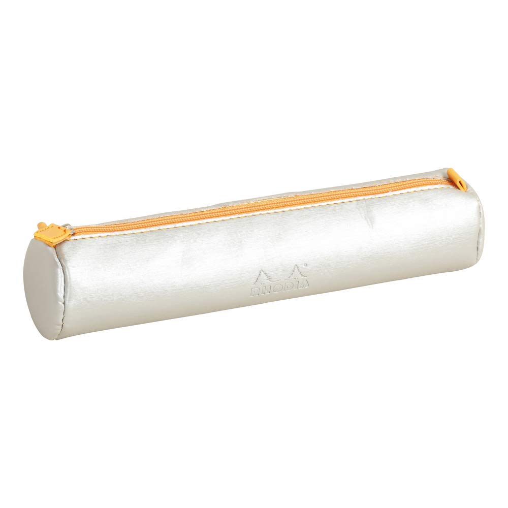 Rhodia 318891C - Rhodiarama Silver Round Pencil Case - 21.5 x 5.5 cm - Genuine Orange Stitching