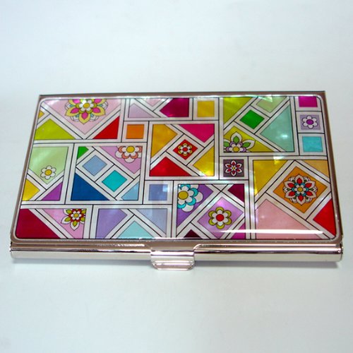 Antique Alive Mother of Pearl Yellow Green Red Business Credit Name Id Card Case Holder Metal