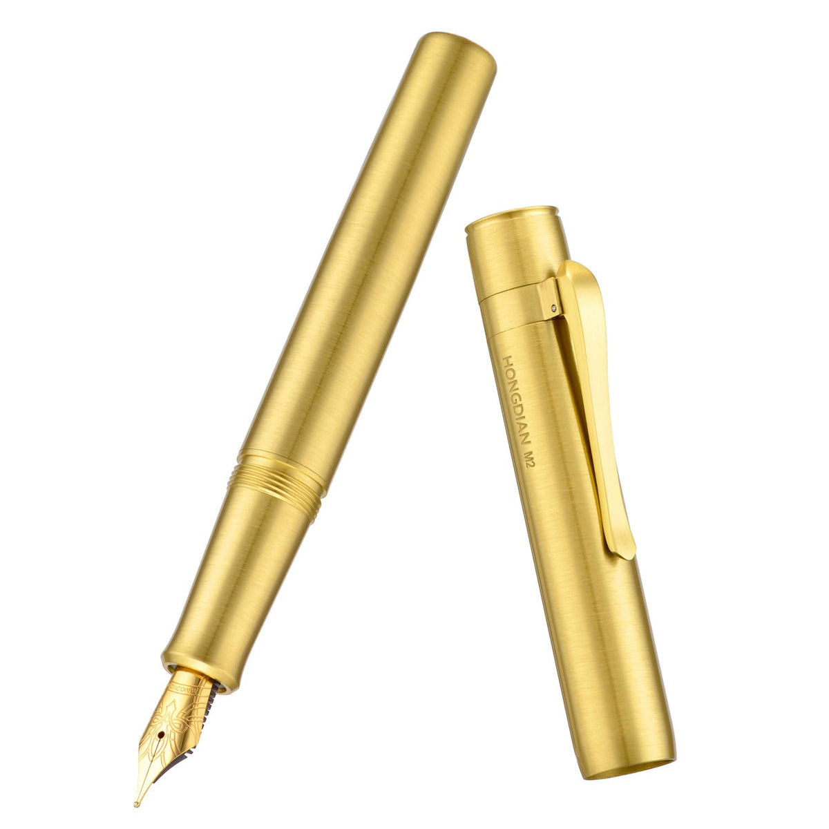 HONG DIAN M2 Mini Brass Fountain Pen with Extra Fine Soft Golden Nib, Sleek Shape Short Pocket