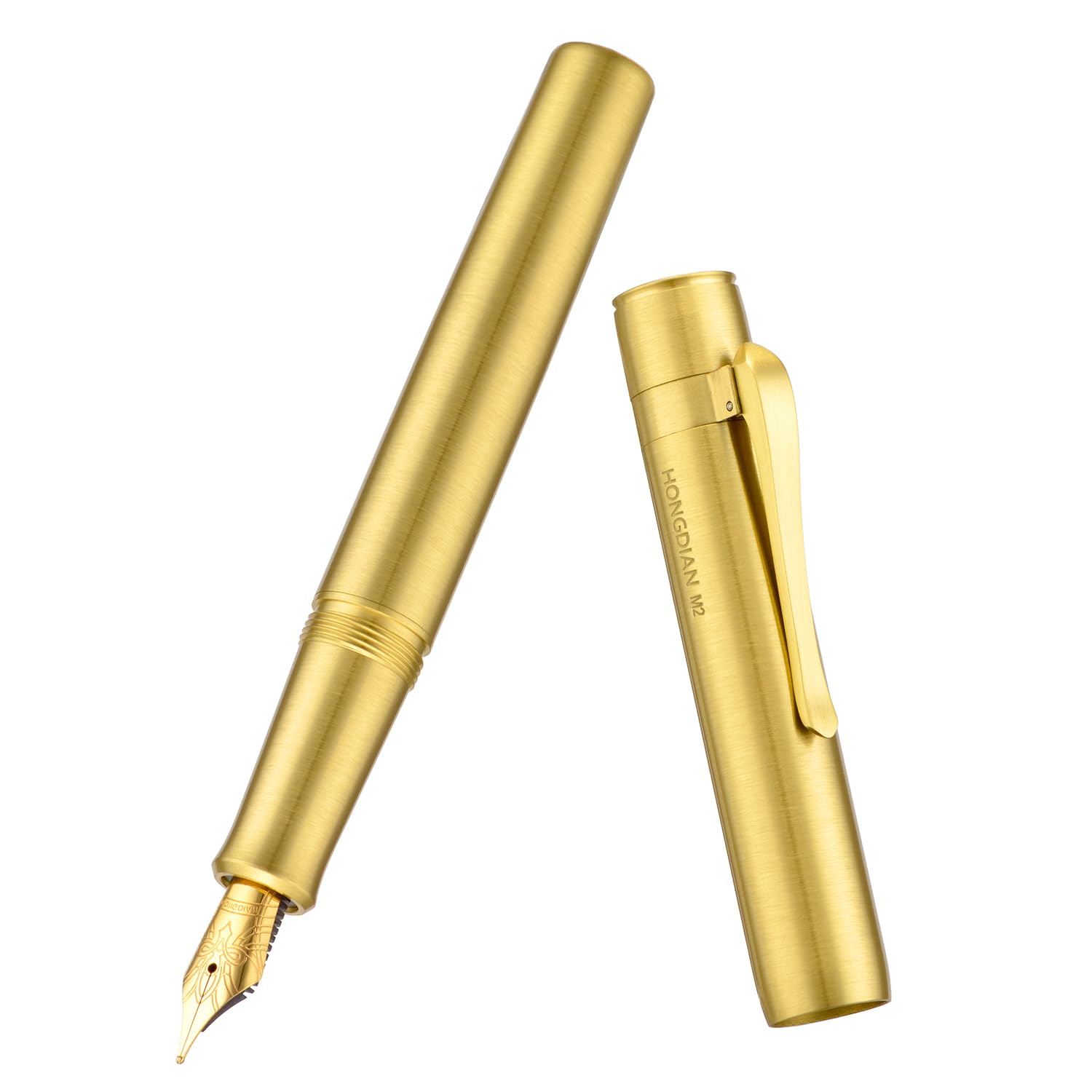 HONG DIAN M2 Mini Brass Fountain Pen with Extra Fine Soft Golden Nib, Sleek Shape Short Pocket